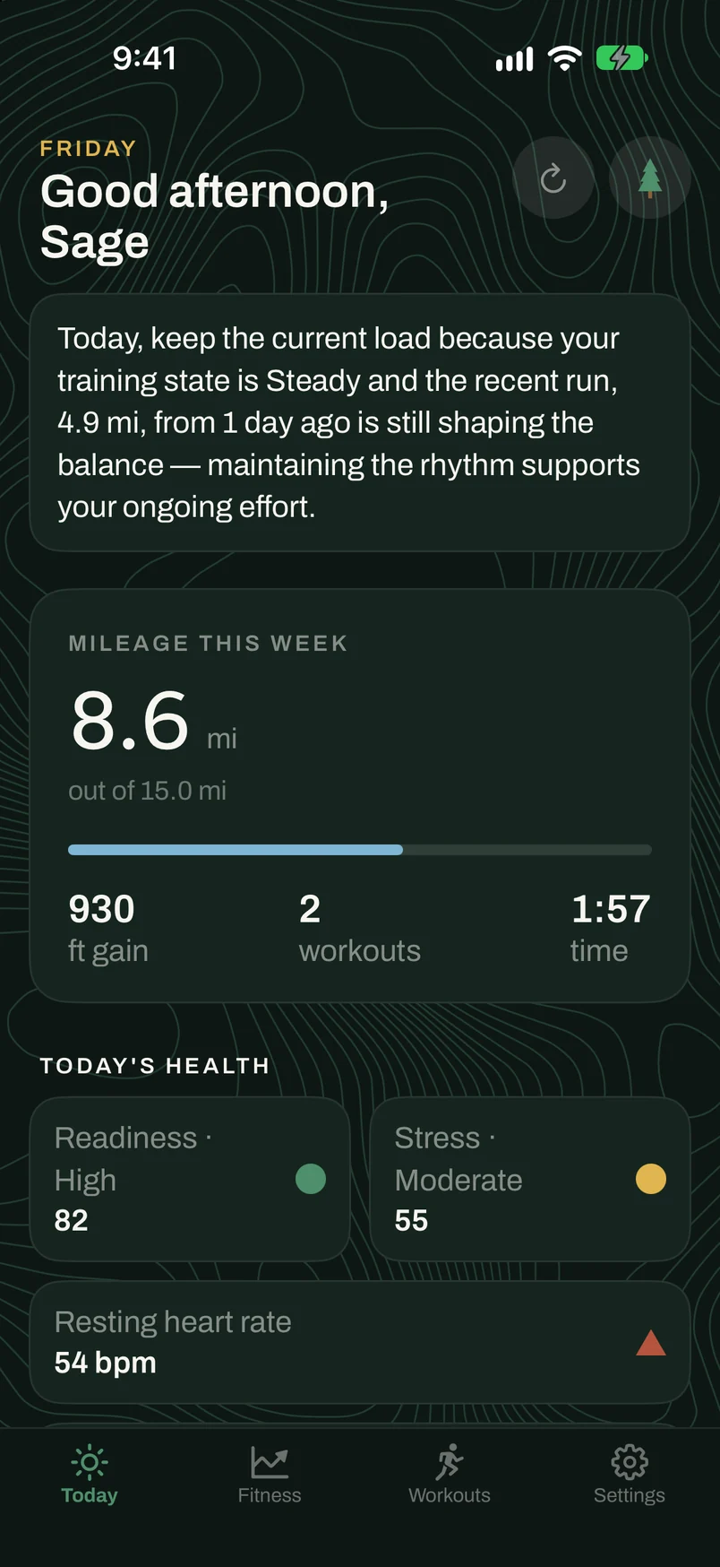 The Treeline Today screen: a daily training note, 8.6 of 15 miles for the week with a partly filled progress bar, readiness and stress scores, and resting heart rate. Generated sample data.