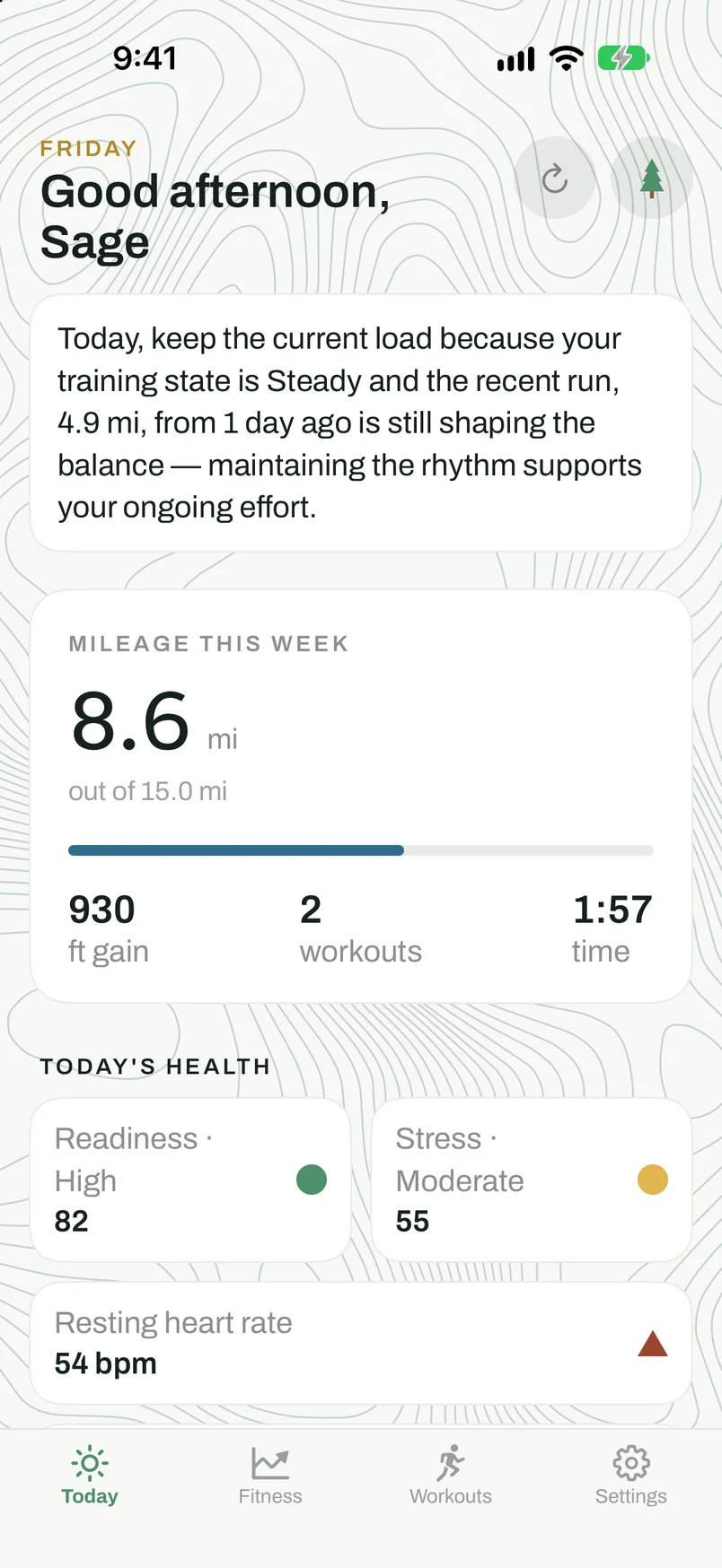 The Treeline Today screen: a daily training note, 8.6 of 15 miles for the week with a partly filled progress bar, readiness and stress scores, and resting heart rate. Generated sample data.